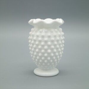 Vintage White Milk Glass Hobnail 3.5 Inch Ruffled Bud Vase